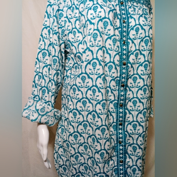 Soft Surroundings Teal/White L/S Relaxed Fit Button Up Shirt - Picture 3 of 5